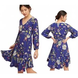 Anthropologie Maeve Boho Romantic Blue Floral Preppy  Work Girls Night Size XS